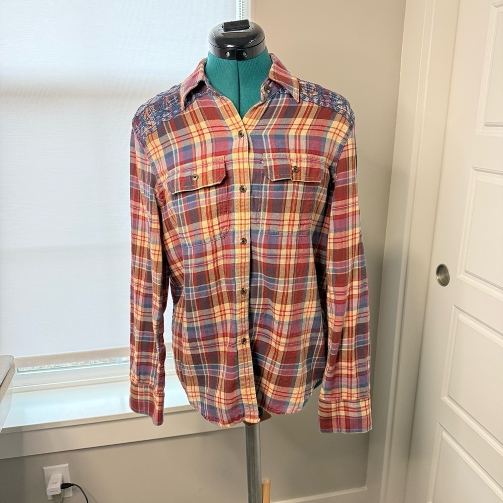 Chaps Plaid Red Blue Plaid Long Sleeve Button Up Western Rodeo Cowgirl Cotton